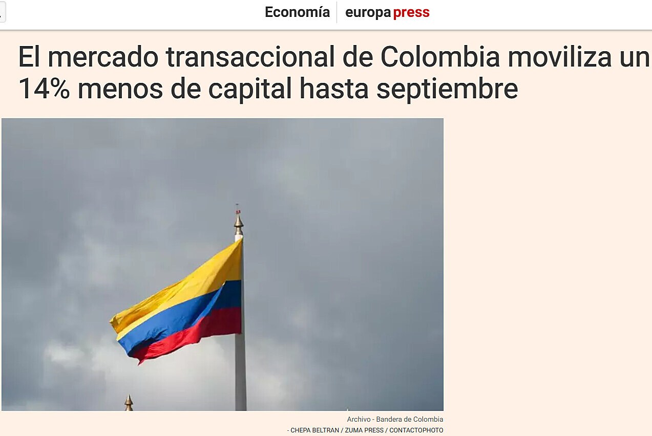 El mercado transaccional de Colombia moviliza un 14% menos de capital hasta septiembre